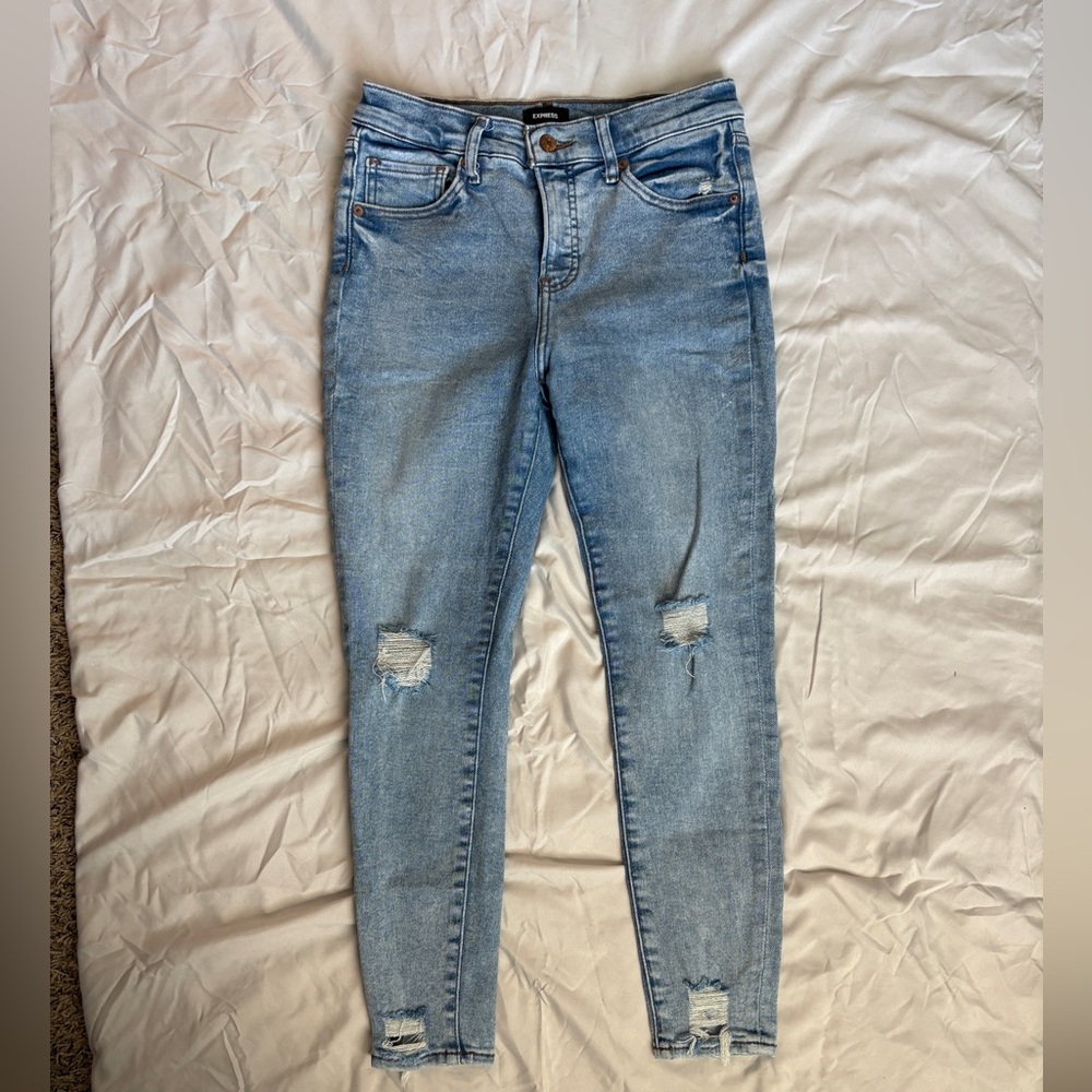 Express Light Blue Mid Rise Distressed Cropped Skinny Jeans